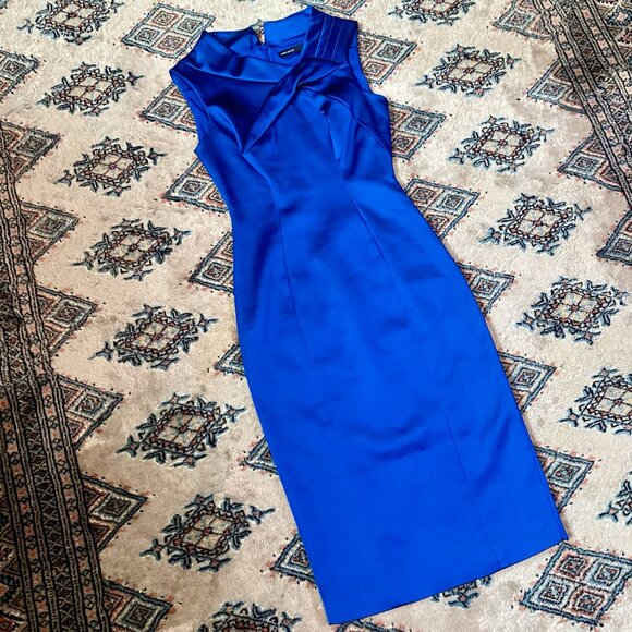 Stunning Karen Millen Electric Blue Satin Folded Collar Sleeveless Dress Size 4 - Picture 9 of 16